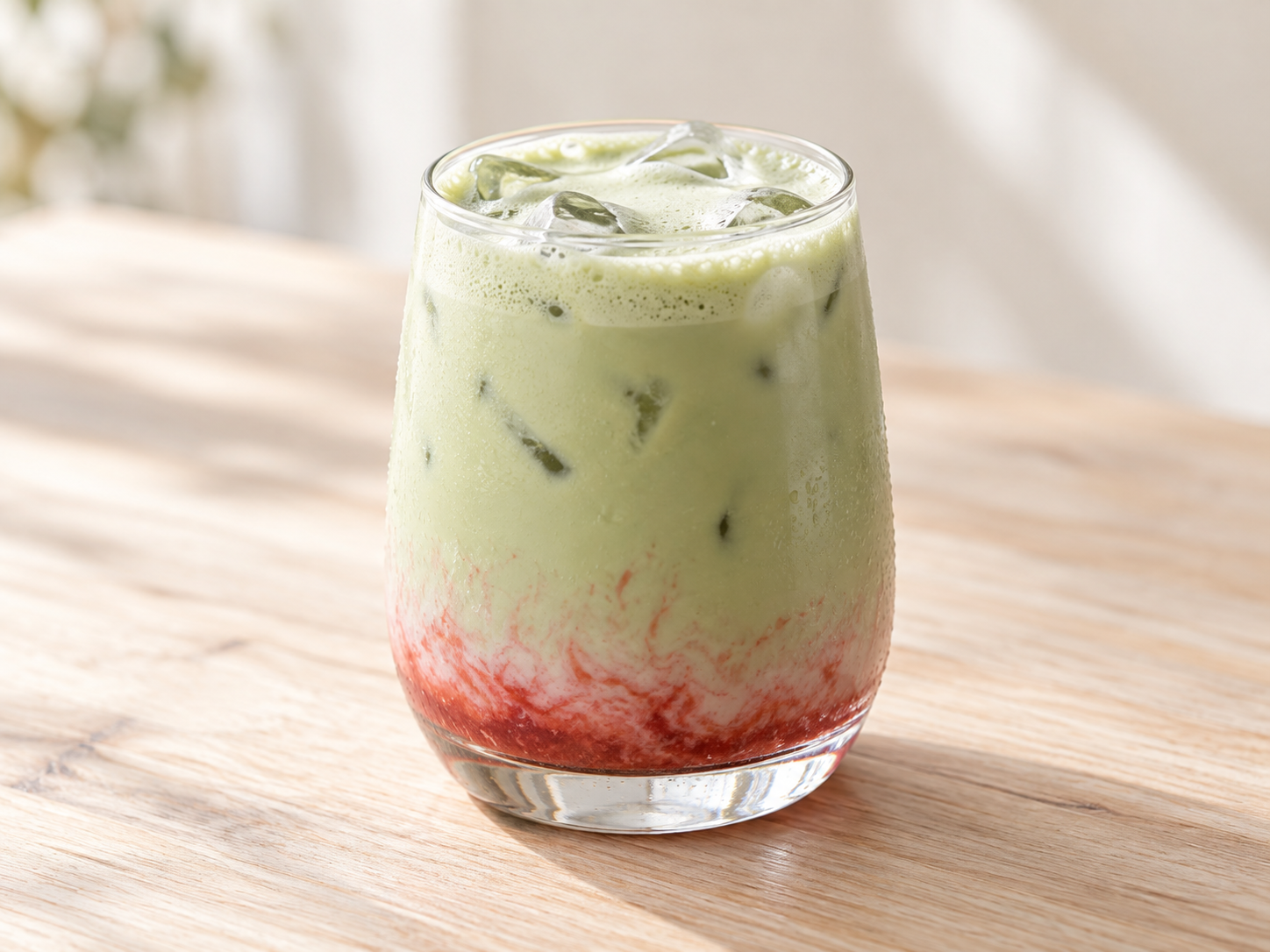 Jahodové matcha latte v elegantnom pohári
